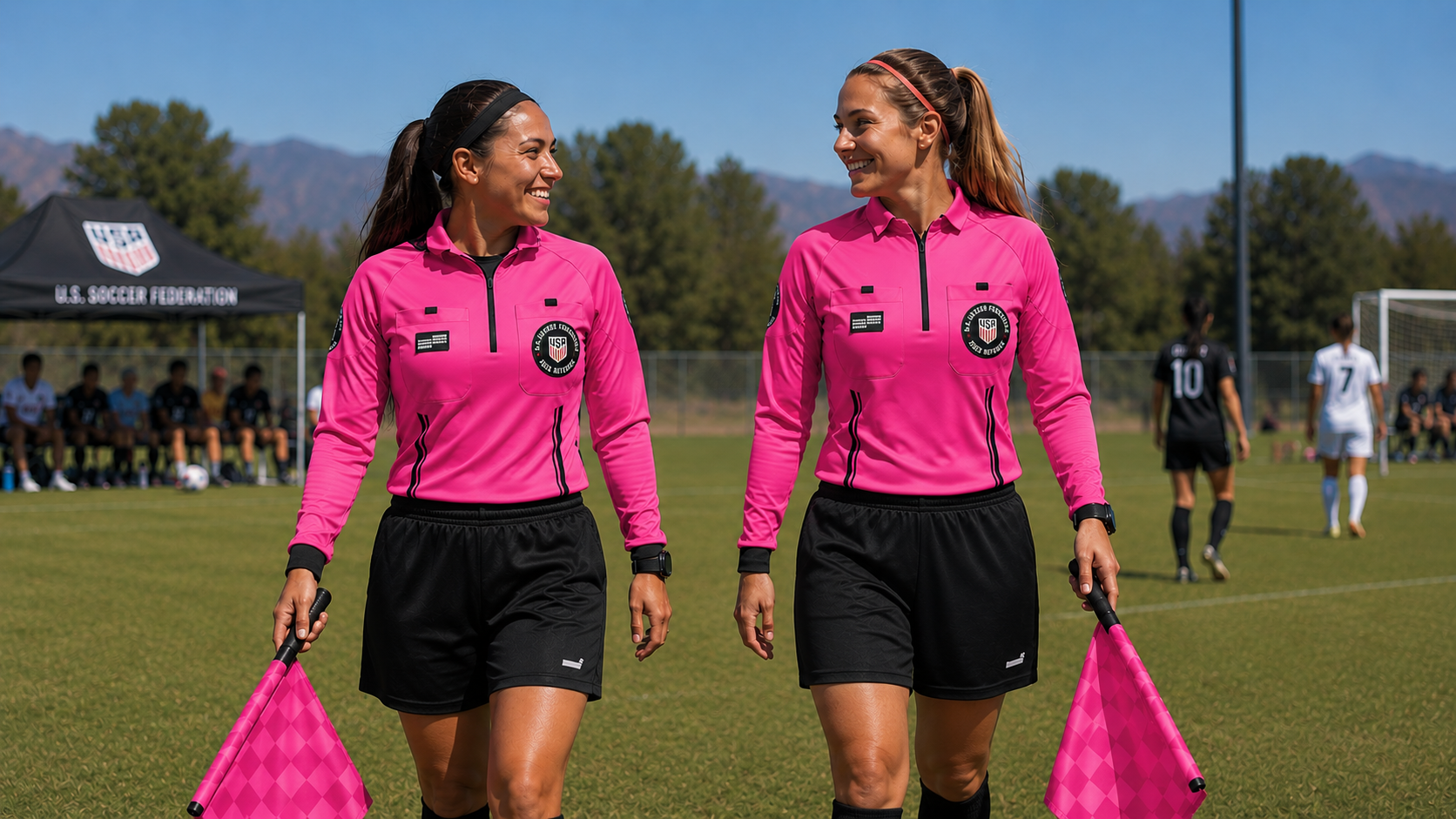 Two female referees walking on soccer field with flags