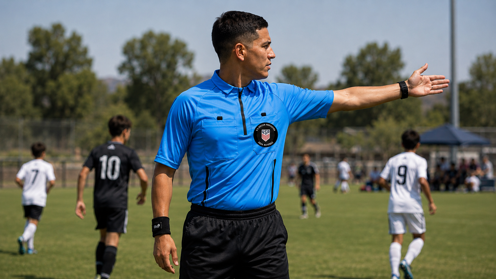 Soccer referee signaling on the field
