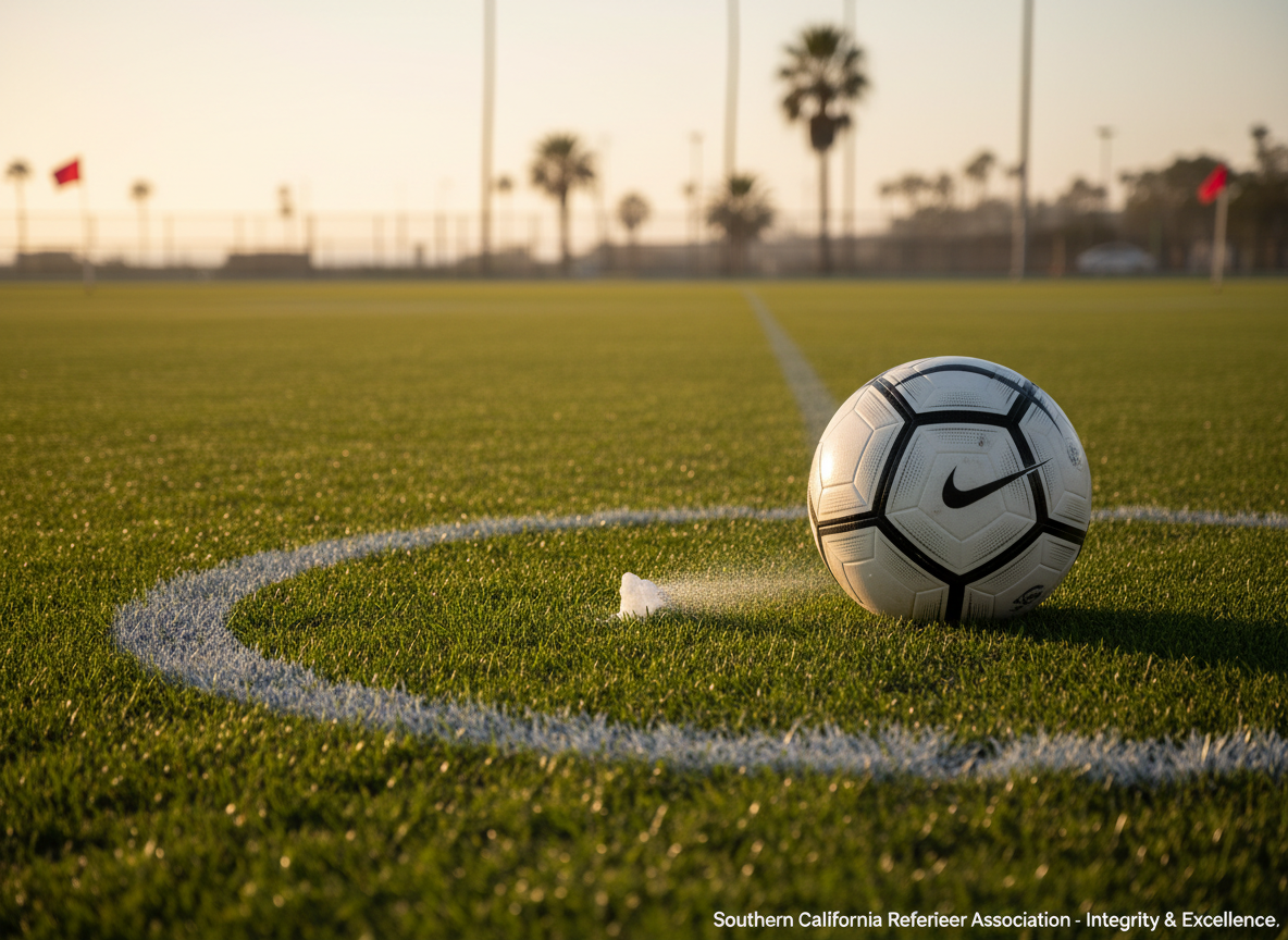 A close-up, low-angle view of the center circle of a sunlit soccer field, where a precise, white referee’s spray line curves crisply over the vibrant green grass, next to a carefully placed match ball. In the background, blurred corner flags, subtle hints of coastal haze, and distant palm silhouettes suggest a Southern California setting. The warm, late-afternoon light creates a dynamic interplay of highlights on the ball’s textured surface and soft shadows in the grass, evoking anticipation before kickoff. The photographic composition uses a shallow depth of field and a slightly tilted perspective for energy and movement, symbolizing competitive match assignments and the high standards of professionalism and integrity upheld by a dedicated referee association.