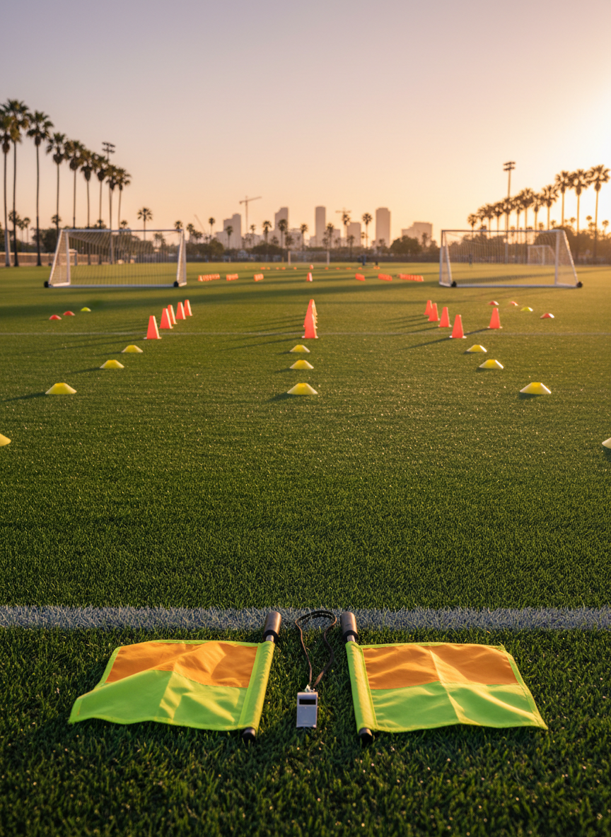 A pristine, freshly lined soccer field in Southern California photographed at golden hour, with two bright yellow referee flags and a neatly placed whistle resting on the lush green touchline. In the mid-ground, portable goals and training cones are arranged in organized patterns, suggesting an upcoming referee training session. Palm trees and a hint of an urban Long Beach skyline are softly blurred in the distance. Warm, low sunlight casts long, crisp shadows and gentle highlights on the grass, creating a professional, inspiring atmosphere. Shot at eye level with a shallow depth of field and photographic realism, the composition uses the rule of thirds to draw attention to the tools of the referee’s trade, symbolizing preparedness, integrity, and development.
