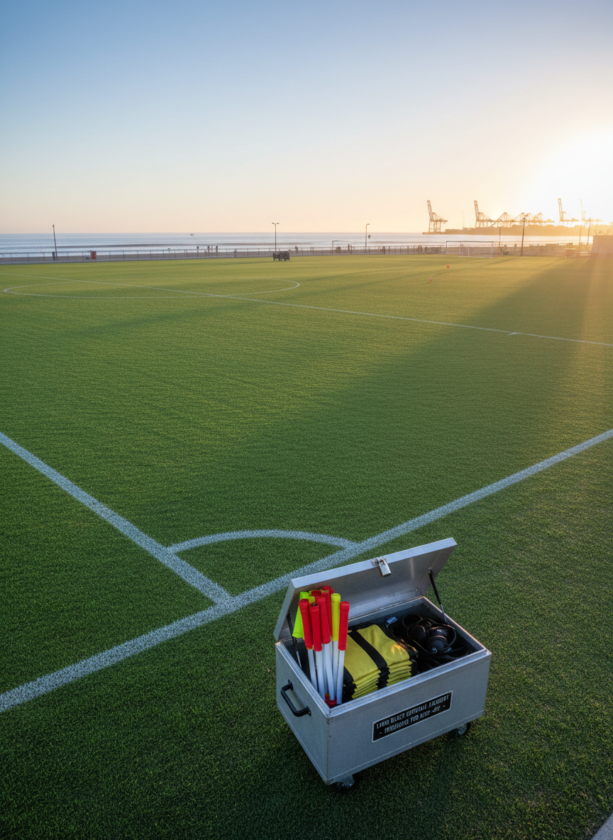 A serene, early-morning view of a Long Beach coastal soccer complex, with multiple pristine fields stretching toward a faintly visible ocean horizon and distant cranes from the port. In the foreground, a small, locked equipment cart is parked beside the touchline, its open top revealing folded referee uniforms, brightly colored flags, and neatly coiled communication headsets. Cool, bluish dawn light gradually warms as the sun rises, casting long, soft shadows across the dewy grass and creating a hopeful, aspirational mood. Captured from a slightly elevated angle with sharp focus throughout, the photographic image emphasizes the scale of opportunity and the community reach of a regional nonprofit referee association preparing officials for a full day of matches and development.