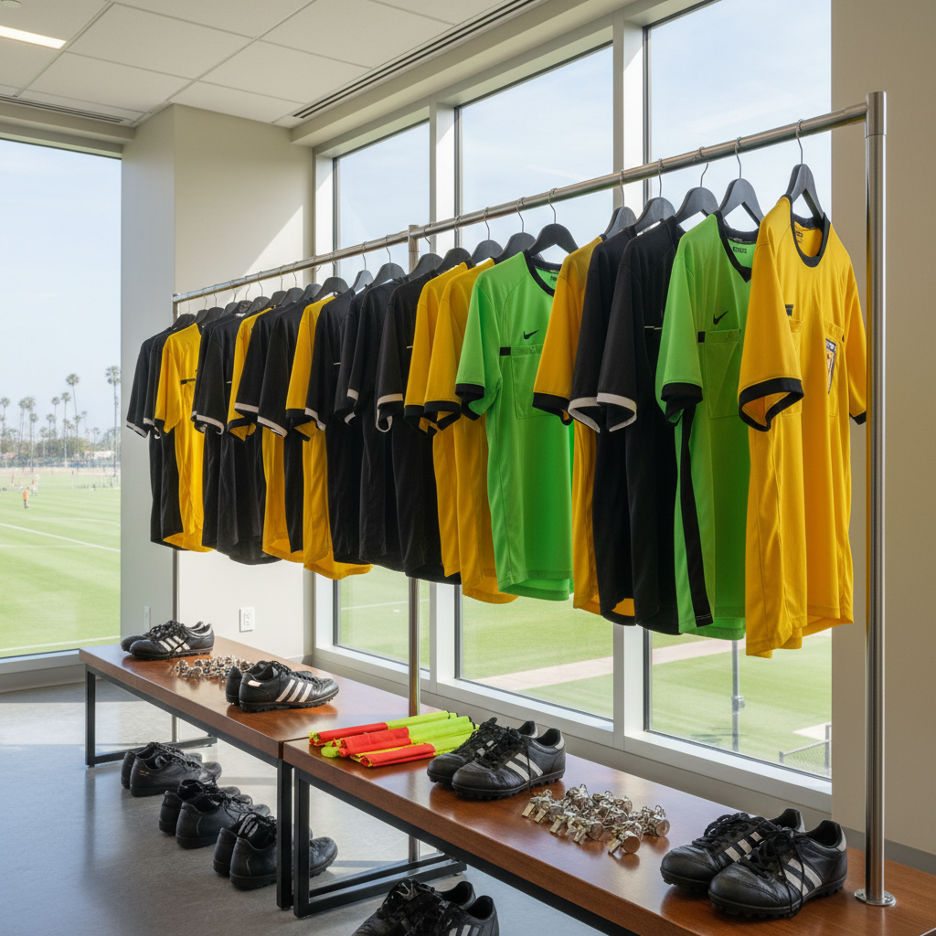 An array of well-worn referee jerseys in different sizes neatly hung on a metal rack inside a modern training facility, with smaller youth-sized shirts alongside standard adult ones, all in vivid yellow, black, and bright green. Below them, rows of polished referee shoes and carefully aligned whistles and flags rest on wooden benches. The room features neutral walls with large windows overlooking a bright, green Long Beach soccer complex. Soft, diffused daylight enters, creating a calm, focused ambiance with gentle shadows. Captured at eye level with moderate depth of field, the composition emphasizes inclusivity and progression, visually representing pathways for youth and female officials within a professional, supportive nonprofit environment in photographic realism.