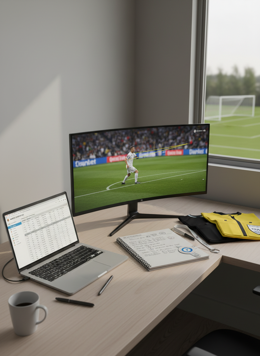 A dedicated referee analysis station set up in a quiet corner of a modern office-like environment, featuring a large monitor showing a paused offside scenario, a laptop with open match statistics, and a notebook covered in meticulous handwritten evaluation notes. On the desk sit a pair of neatly folded referee jerseys and a lanyard with an ID badge hinting at official certification. Neutral-toned walls and a window overlooking a distant soccer field create context. Soft, diffused afternoon daylight gently illuminates the workspace, with subtle reflections on the screens and a calm, concentrated mood. Photographed from an oblique angle with moderate depth of field in photographic realism, the composition communicates professionalism, continuous education, and structured mentorship within the referee association.