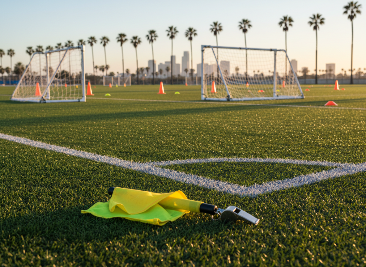 A pristine, freshly lined soccer field in Southern California photographed at golden hour, with two bright yellow referee flags and a neatly placed whistle resting on the lush green touchline. In the mid-ground, portable goals and training cones are arranged in organized patterns, suggesting an upcoming referee training session. Palm trees and a hint of an urban Long Beach skyline are softly blurred in the distance. Warm, low sunlight casts long, crisp shadows and gentle highlights on the grass, creating a professional, inspiring atmosphere. Shot at eye level with a shallow depth of field and photographic realism, the composition uses the rule of thirds to draw attention to the tools of the referee’s trade, symbolizing preparedness, integrity, and development.