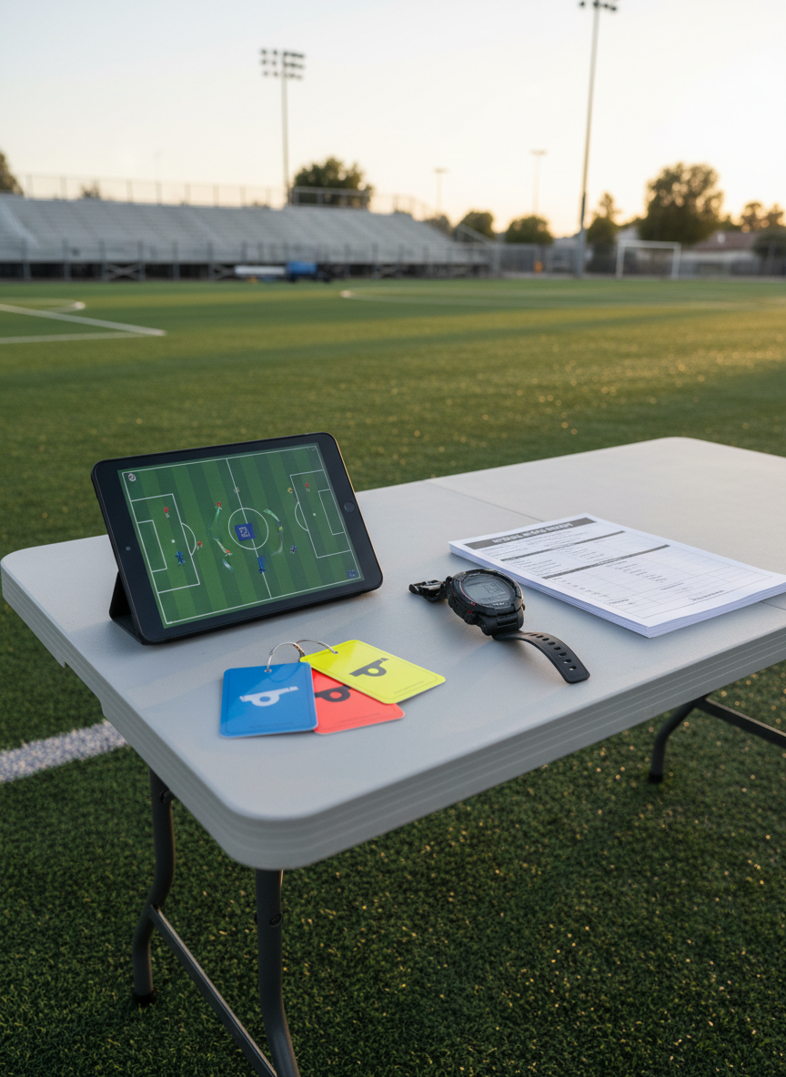 A meticulously arranged referee training table set up on the edge of a synthetic turf soccer field, featuring a tablet displaying a tactical field diagram, a set of brightly colored laminated referee cards, a digital watch, and neatly stacked match reports. Behind the table, the stadium-style bleachers of a Southern California community field and tall light posts fade into soft focus. Late afternoon natural light creates a clean, even illumination with subtle reflections on the tablet screen and gentle shadows under the objects. Photographed from a slightly elevated angle with sharp focus on the table and a blurred background, the scene conveys an organized, educational atmosphere and the professionalism of a nonprofit referee association dedicated to mentorship and learning.