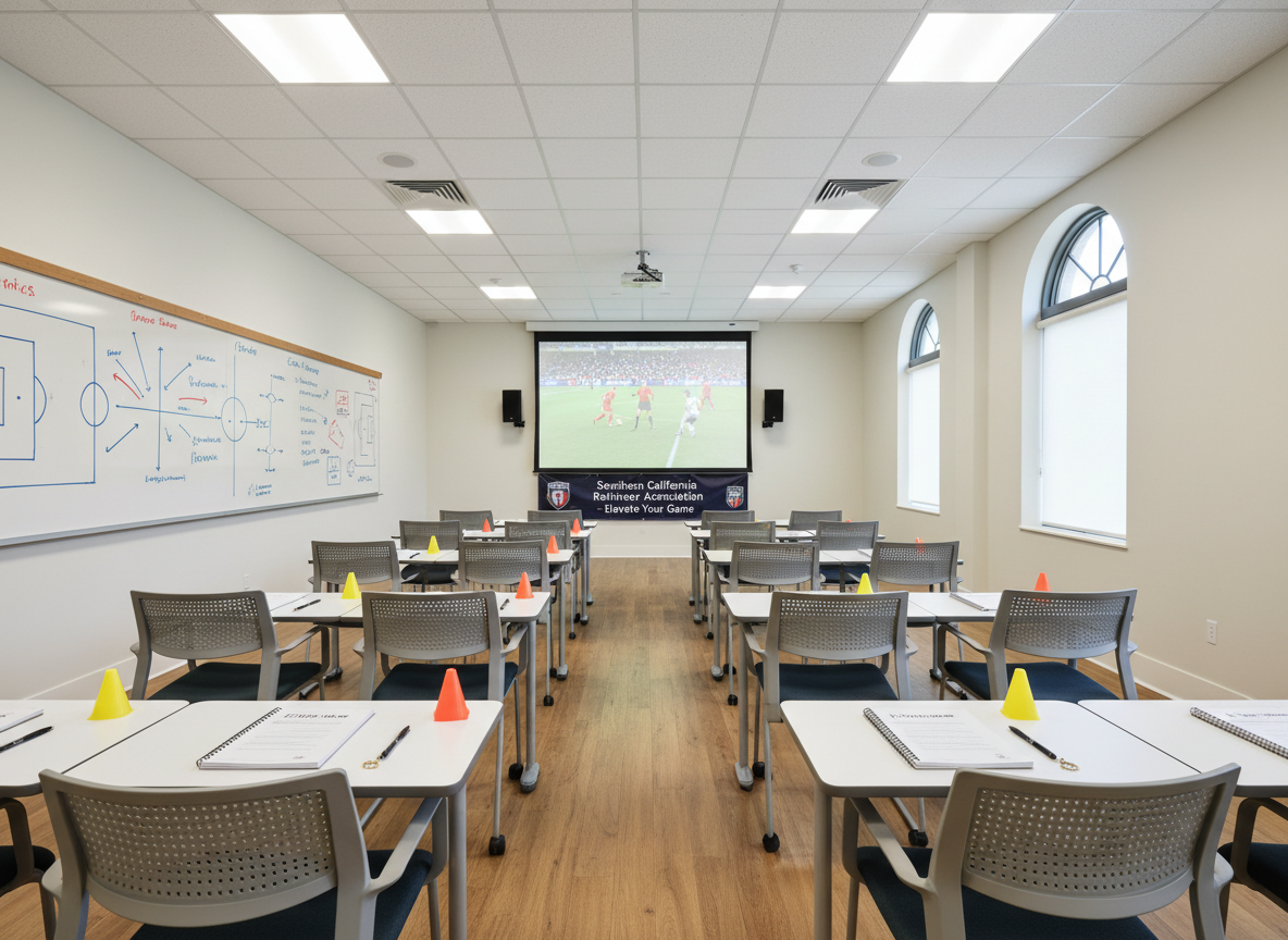 An indoor classroom-style referee workshop scene without people, showing rows of neatly arranged chairs facing a large screen that displays a paused frame of a soccer match. On the tables in front of the chairs lie open law-of-the-game handbooks, notebooks, whistles, and brightly colored training cones. Along one wall, a whiteboard is filled with hand-drawn field diagrams and arrows. Soft overhead lighting combines with daylight from tall side windows, producing an evenly lit, modern learning environment. The camera is positioned at the back of the room with a wide-angle lens, capturing depth and symmetry. The photographic realism, clean lines, and organized space communicate serious education, mentorship, and professional growth for referees at all stages within a Southern California nonprofit association.