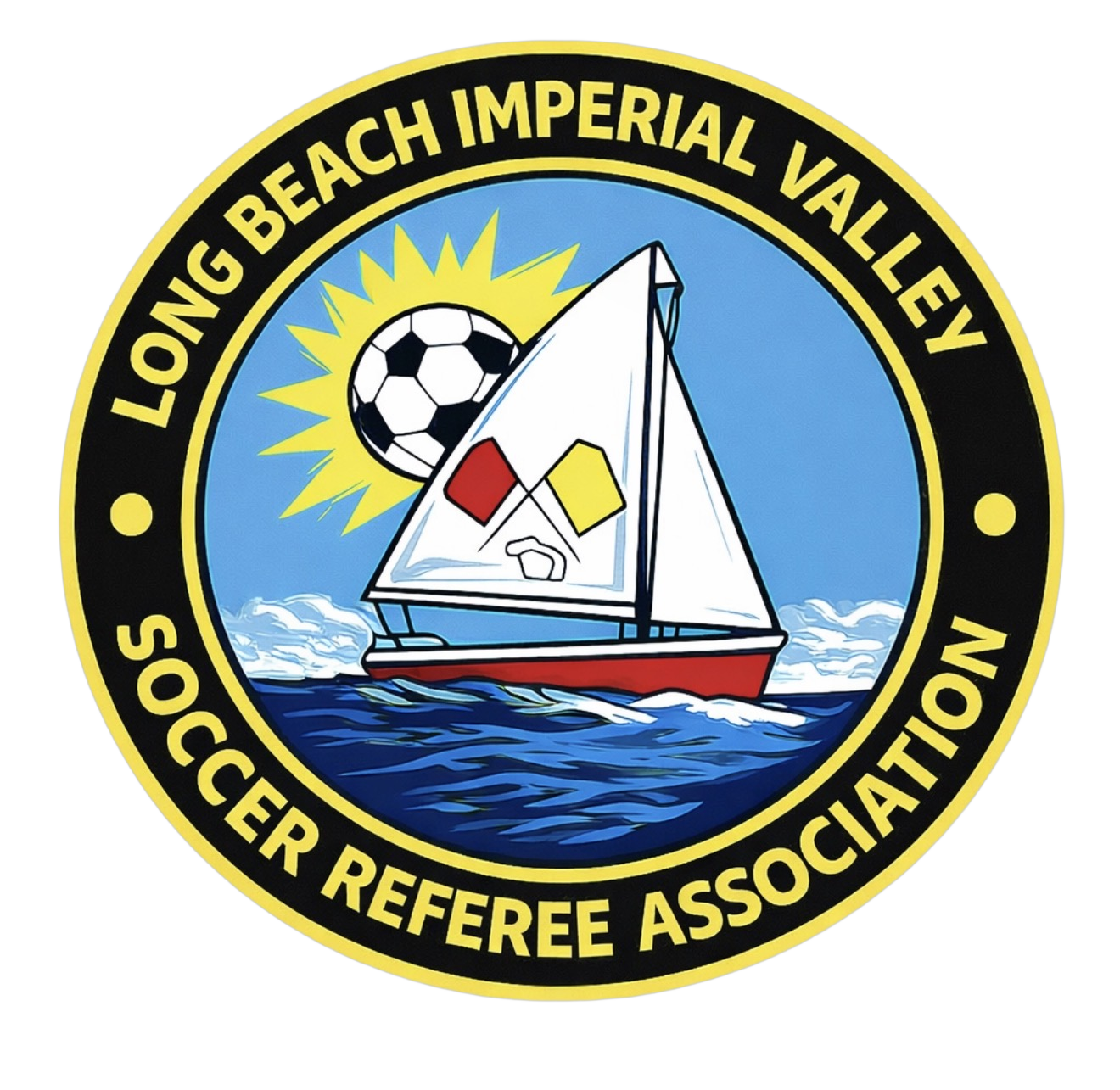 Remove the white background from this logo image and make it transparent, keeping only the circular badge with the sailboat, soccer ball, sun rays, water, and text "Long Beach Imperial Valley Soccer Referee Association". The result should be a PNG with a transparent background.